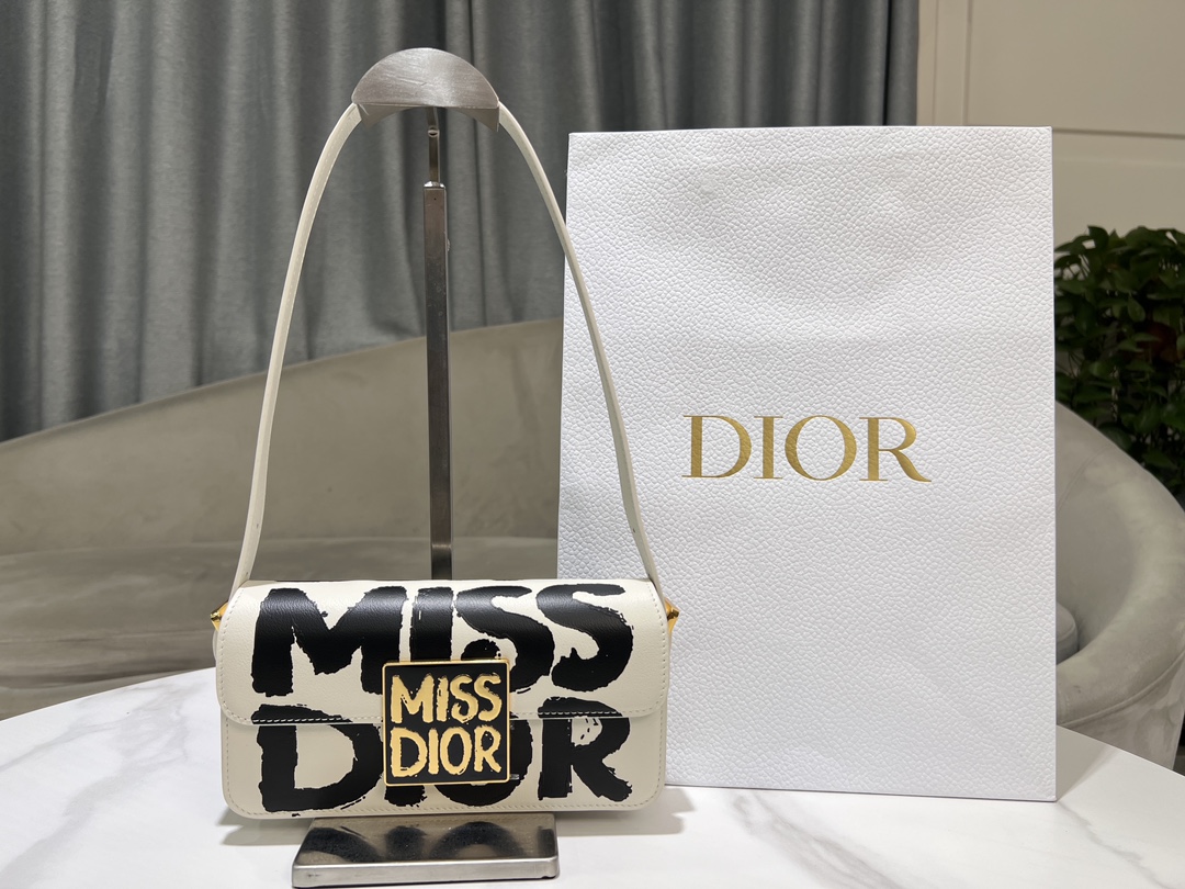 Miss Dior Flap Bag White and Black Miss Dior Graffiti Printed Calfskin